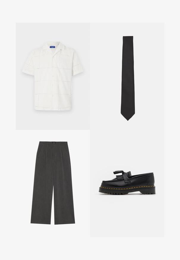 Kurzärmliges, weißes Hemd aus Stoff mit einem strukturierten Karomuster. Verfügt über einen Kragen und eine durchgehende Knopfleiste, mit dezenten Nähdetails.; Weite Hosen aus dunkelgrauem Stoff mit einem gefalteten Vorderteil, zwei Seitentaschen und einem flachen Bund. Angenehme Textur und maßgeschneidertes Design.; Schwarze Lederloafers mit einem fransenverzierten Akzent, ausgestattet mit einer robusten schwarzen Sohle und gelber Naht entlang der Kante. Texturierte Oberfläche.; Schwarze Fliege aus glattem Stoff, mit einer schlanken, verlängerten Form und einer spitzen Spitze, ohne sichtbare Muster oder Akzente.