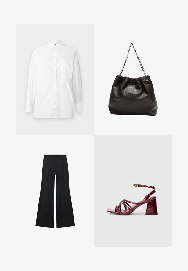 Bela srajca z dolgimi rokavi, z gumbi in ovratnikom ter žepom na prsih, prikazana na enobarvni beli podlagi.; Črne široke hlače z gladko teksturo, ki imajo sprednje nabore in kroj po meri. Tkanina je lahka in zračna.; Patent burgundske sandale na peto s kvadratnim nosom, ki vsebujejo več prepletenih trakov in debelo blokasto peto. Nastavljiv trak okoli gležnja.; Rjava usnjena torba z nabranim vrhom in verižnim trakom. Gladka tekstura z sijajno površino in subtilnimi šivi na straneh.