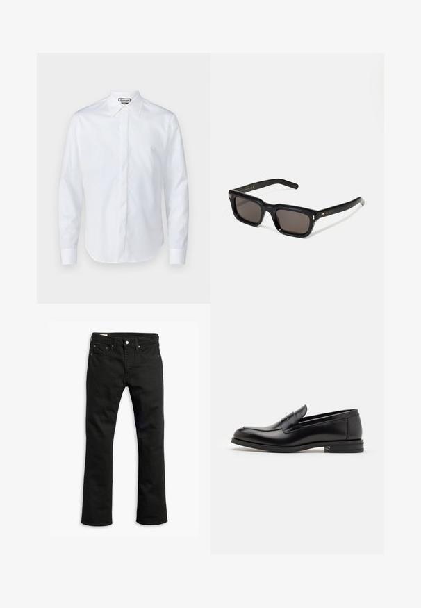 White long-sleeve shirt made of smooth cotton, featuring a pointed collar, button placket, and rounded hem with cuffed sleeves.; Black denim jeans with a straight leg design, five pockets, metal button closure, and subtle stitching details. Smooth texture and solid color.; Black leather loafers with a smooth texture, rounded toe, and a decorative strap across the vamp. Low stacked heel, minimalist design.; Black rectangular sunglasses with dark lenses, thick plastic frame, gold accents on temples, and brand logo engraved on the arm.