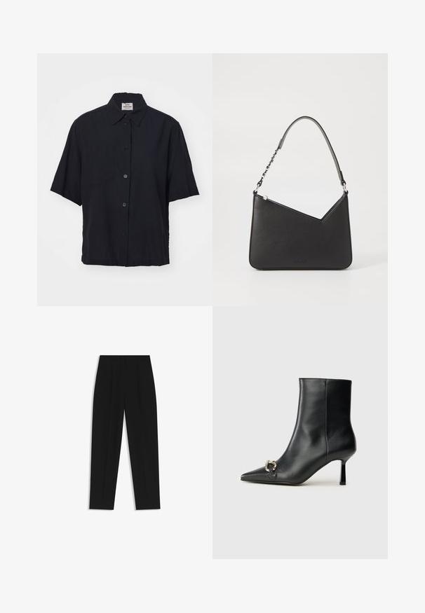 Mads Nørgaard COLIN LORELLA  - Button-down blouse - black; Black trousers with a straight fit, featuring double pleats, a smooth texture, and a classic waistband design. No visible hardware or accents.; Black leather ankle boot with pointed toe, slim mid-height heel, and silver buckle detail on side against plain background.; Black leather handbag with a triangular shape, a slim strap, and silver hardware. Features a zip closure and embossed logo on the front.