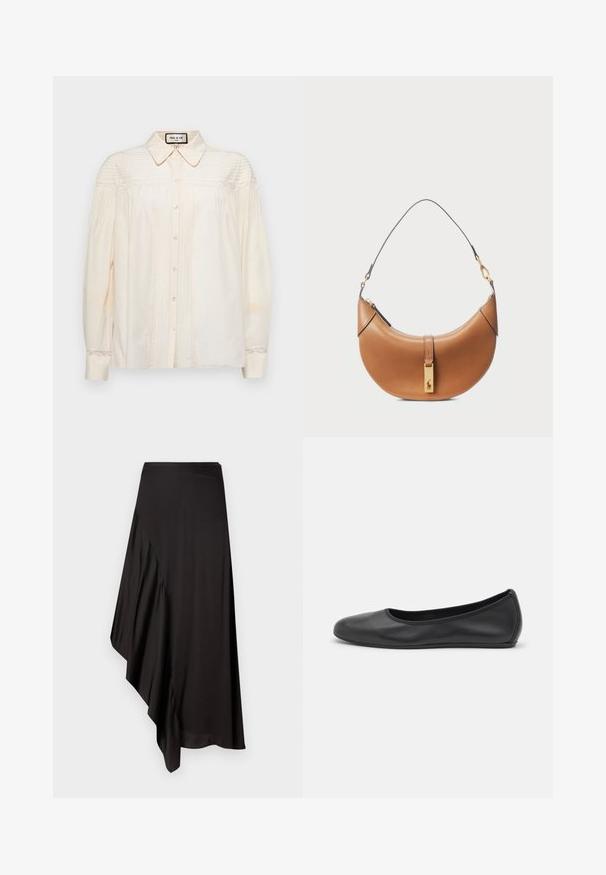 Cremfarbige Bluse mit Knopfleiste und Kragen, ausgestattet mit vertikalen Falten und Spitze an Schultern und Manschetten. Weicher Stoff mit langen Ärmeln.; AERON ASTER SKIRT - Bleistiftrock - black; Schwarze Leder-Ballettschuhe mit abgerundeter Spitze, glatter Textur, minimalen Nähdetails und einem flexiblen Sohlen-Design.; Taschenhandtasche aus tanfarbenem Leder mit geschwungener Form, goldenen Beschlägen und einem dünnen Schulterriemen. Verfügt über einen Reißverschlussverschluss und ein Logodetail auf der Vorderseite.