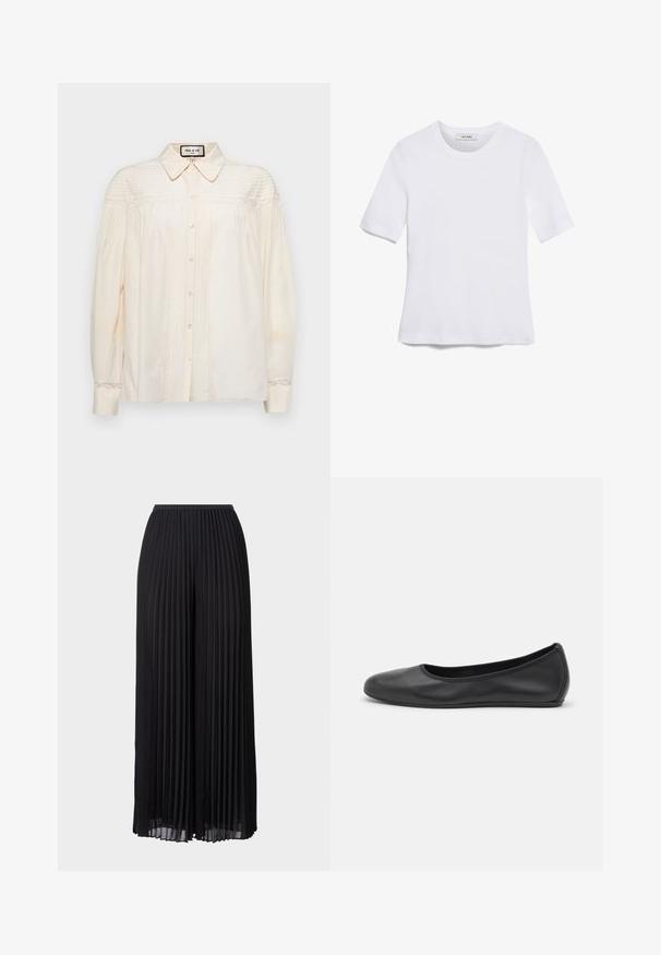 Krémová blůza na knoflíky s límečkem, se svislými záhyby a krajkovými akcenty na ramenou a na manžetách. Měkká tkanina s dlouhými rukávy.; Bílá tričko s krátkým rukávem vyrobené z žebrované tkaniny. Kulatý výstřih, normální střih a jemné detaily šití. Bez vzorů nebo grafik.; Černé plisované kalhoty s širokými nohavicemi a elastickým pasem. Vyrobené z lehkého materiálu s vertikálními záhyby po celé délce.; Černé kožené baletní byty s kulatou špičkou, hladkou texturou, minimálními švy a flexibilním designem podrážky.