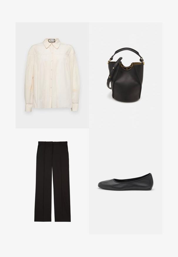Bluză crem cu nasturi, cu guler, având pliseuri verticale și accente din dantelă pe umeri și manșete. Culoare moale, cu mâneci lungi.; Pantaloni negri, croiți, confecționați dintr-un material neted, cu un design drept și două buzunare laterale. Construcție elegantă și minimalistă.; Balerini din piele neagră, cu vârf rotund, textură netedă, detalii de cusătură minimale și un design al tălpii flexibil.; Geantă din piele neagră în stil bucket, cu un finisaj texturat, accente din metal auriu și un compartiment deschis. Dispune de o mânere scurtă și un curea de umăr ajustabilă.