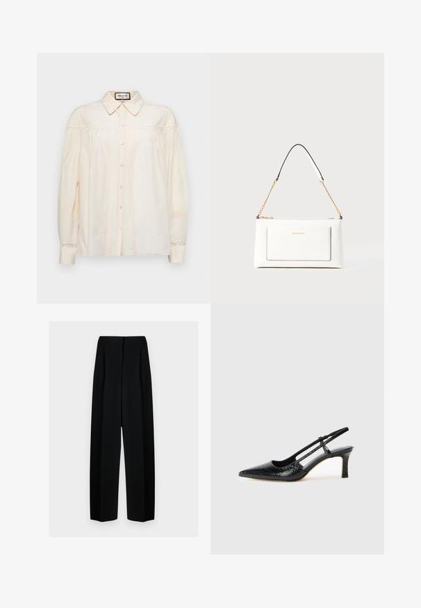 Kermansikkainen, nappikiinnitteinen paita, jossa on kaulus, pystysuorat poimutukset ja pitsikoristeet olkapäillä ja hihoissa. Pehmeä kangas, joissa pitkät hihat.; Mustat leveät housut korkealla vyötäröllä, joissa on laskokset ja sileä pinta. Kangas näyttää kevyeltä ja laskeutuu kauniisti.; Musta patent slingback-kiilakorko teräväkärkisellä muotoilulla, jossa on teksturoitu käärmeennahkakuosi, säädettävä remmi ja lyhyt, teksturoitu blokkiheel.; Valkoinen nahkalaukku tekstuuripinnalla, jossa on kultaketjuolkaimet ja mustia yksityiskohtia. Mukana etutasku ja vetoketjusulku.