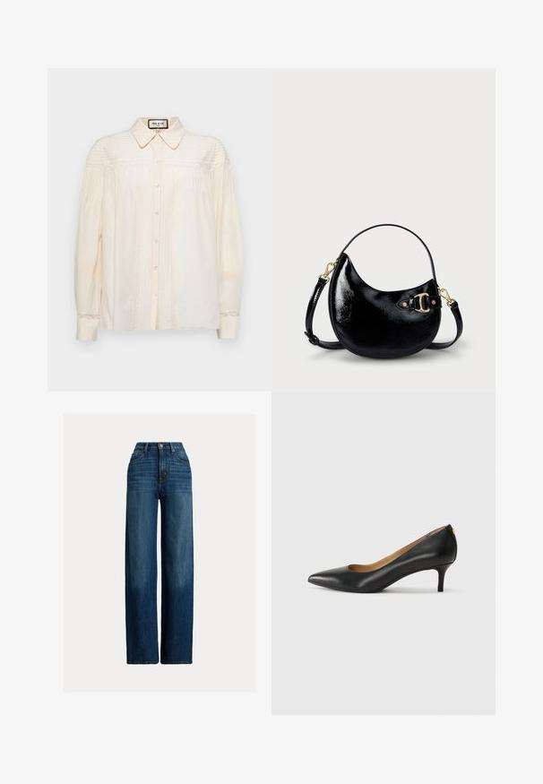Blouse crème à boutons avec un col, présentant des plis verticaux et des détails en dentelle sur les épaules et les poignets. Tissu doux avec des manches longues.; Jean en denim à jambes larges de couleur bleu foncé. Doté d'une taille haute, d'une fermeture à bouton et d'un design classique à cinq poches. Texture lisse avec un léger dégradé.; Pompe noire en cuir avec un embout pointu, un petit talon et une texture lisse. Présente une légère ouverture à l'avant et un matériel minimal à l'arrière.; Sac à main en cuir verni noir avec une forme arrondie, une bandoulière réglable et des détails en métal doré sur le côté. Texture lisse et brillante.