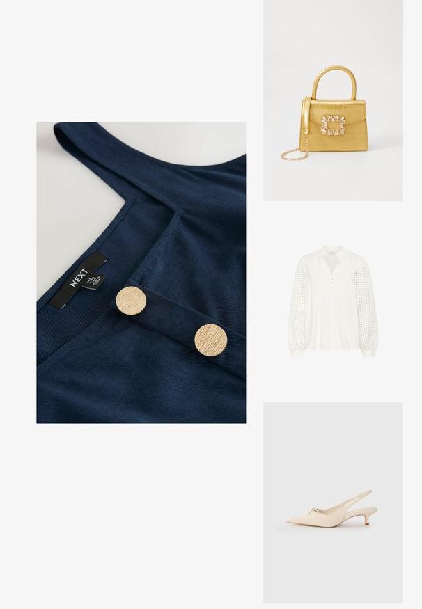Kaffe Blusa - chalk; Next REGULAR FIT - BELTED SQUARE NECK MIDI - Vestido camisero - navy blue; Zapatos slingback de punta fina en cuero blanco roto, con un pequeño detalle de lazo y un tacón kitten bajo. Textura suave, diseño minimalista.; Bolso de mano de imitación cocodrilo amarillo con un diseño estructurado, asa superior, correa de cadena desmontable y embellecimiento de cristal decorativo en el cierre.