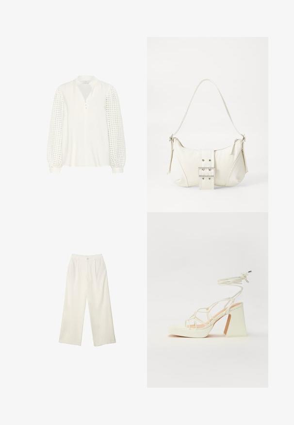 Kaffe Pusero - chalk; Kermanhousut vaaleassa kankaassa, jossa on sileä rakenne, yksittäinen etunappi, hienovaraiset laskokset ja korkea vyötärömuotoilu.; Valkoinen korkokenkä, jossa on paksu korko, ja joka sisältää nauhakiinnityksen ja nilkkaketjun. Sujuva pinta, jossa on platform-etupohja lisäkorkeutta varten.; Valkoinen olkalaukku, jossa on teksturoitu pinta, keskeinen solkiyksityiskohta ja kaareva muoto. Vetoketjusulkimet kummallakin puolella.