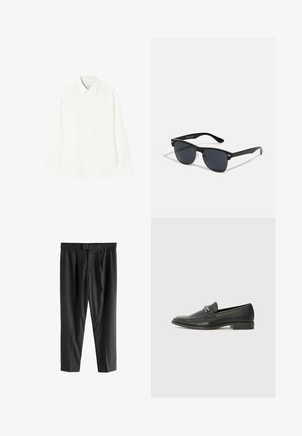 Camicetta bianca a maniche lunghe realizzata in un tessuto liscio, con bottoni sul davanti, colletto classico e orlo dritto con lati arrotondati.; Next REGULAR FIT -CHECK SMART - Chino - black; Mocassino in pelle nera con finitura liscia, caratterizzato da un design cucito e da un accento decorativo in catena metallica sul vamp. Tacco piatto.; Occhiali da sole neri con forma rettangolare, lenti scure, dettagli in argento alle tempie e finitura opaca sulla montatura.