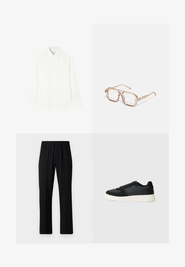 Fehér, hosszú ujjú ing sima anyagból, gombos elejű, klasszikus gallérral és egyenes, kerekített oldalú hemmel.; Fekete, gumíros derekú nadrág egyenes szabással, sima felülettel, látható minták vagy fémrészek nélkül.; Fekete alacsony szárú sportcipő textúrált bőr és velúr panelekből, fehér gumitalppal és fekete fűzőkkel, egyszínű világos háttér előtt.; Átlátszó, hatszögletű szemüveg világosbarna árnyalatokkal; vastag, tiszta keretek és karcsú szárak; látható logók vagy minták nélkül.; Barna bőr keresztpántos táska fehér varrással, téglalap alakú, cipzáras záródással és bézs állítható pánttal. Két elülső zsebbel rendelkezik.