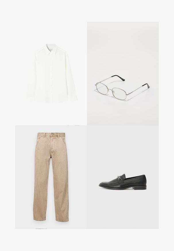 Weißes Langarmshirt aus glattem Stoff, mit einer Knopfleiste vorne, klassischem Kragen und geradem Saum mit abgerundeten Seiten.; Beige Denim-Jeans mit geradem Beinschnitt, ausgestattet mit Vordertaschen, einem Metallknopfverschluss und feiner Textur.; Schwarzer Lederloafer mit glatter Oberfläche, ausgestattet mit einer gesteppten Gestaltung und einem dekorativen Metallkettendetail über dem Vorderblatt. Flacher Absatz.; Metallbrille mit ovalem Rahmen, silbernen Fassungen und klaren Gläsern. Schmale, gerade Bügel mit schwarzen Enden, minimalistisches Design.