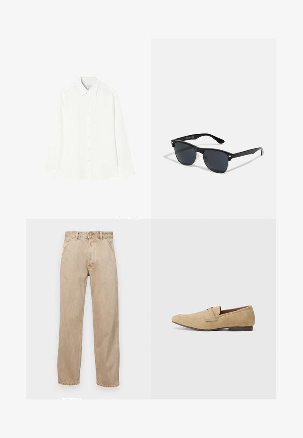 Hvid langærmet skjorte lavet af en glat stof, med knaplukning fortil, klassisk krave og lige kant med afrundede sider.; Beige denimjeans med lige bendesign, med forlommer, metalknaplukning og subtil struktur.; Suedesko i beige med en let glans, med rund tå, slip-on design og en lav brun hæl. Subtile syninger.; Sorte solbriller med rektangulær form, mørke linser, sølvdetaljer ved tindingerne og en mat finish på stellet.