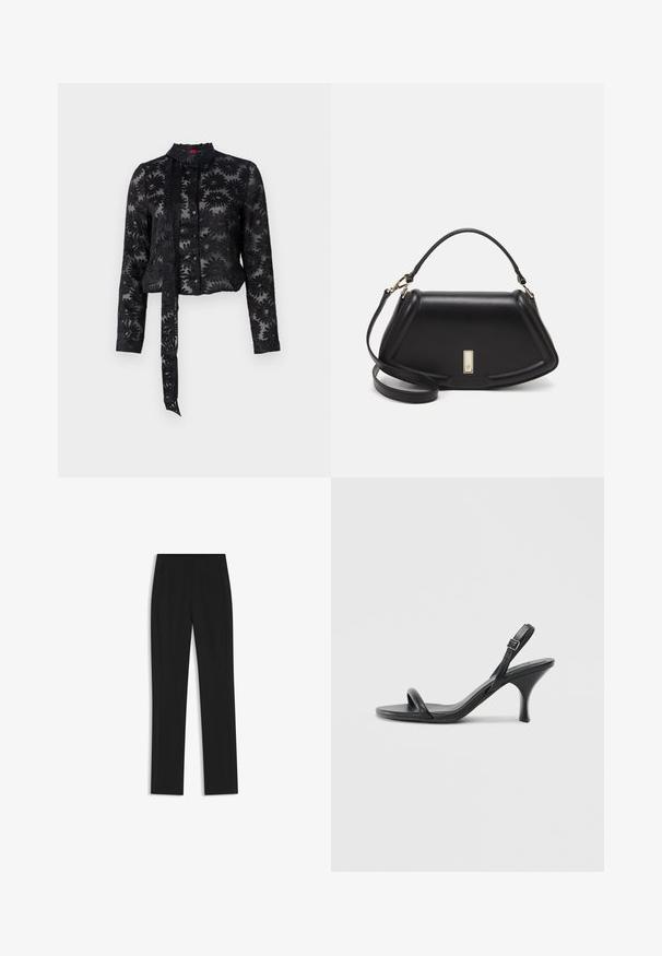 Schwarze transparente Bluse mit gesticktem Blumenmuster, langen Ärmeln, Knopfverschluss vorne und einer Bindeschließe am Ausschnitt. Texturierter Stoff, cropped Schnitt.; Schwarze maßgeschneiderte Hose mit geradem Bein, ausgestattet mit Fronttaschen und einem glatten, strukturierten Stoff. Saubere, minimale Details.; Schwarze Leder-Sandalen mit hohen Absätzen, schlankem, gebogenem Absatz und gekreuztem Riemendesign. Verstellbarer Knöchelriemen. Glatte Textur.; Schwarze Lederhandtasche mit einem strukturierten Design, das eine verkürzte Form, einen oberen Griff und goldfarbene Hardware-Details aufweist. Verstellbarer Schulterriemen ist enthalten.