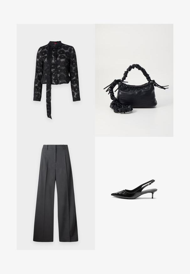 Fekete áttetsző blúz hímzett virágmintával, hosszú ujjal, gombos elülső résszel és nyakkivágásnál megkötő zsinórral. Texturált anyag, rövidített fazon.; Széles szárú nadrág sötétszürke anyagból, magas derekú, egyes redőkkel, sima textúrával és tiszta befejezéssel a szegélyeken.; Fekete bőrből készült slingback magassarkú cipők hegyes orral, kis francia sarokkal és díszes csomóval az elején. Az egész felületen sima textúra.; Fekete műbőr kézi táska krokodil bőr textúrával, összehúzható tetejű és gyűrt pánttal. Lágy és kompakt dizájnúnak tűnik.