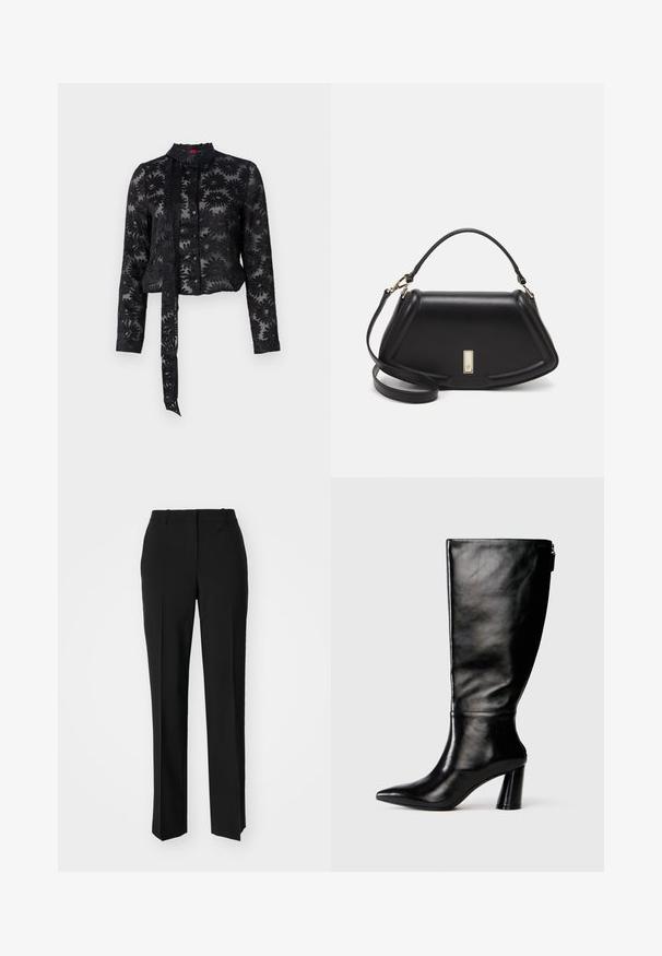 Svart genomskinlig blus med broderat blommönster, långa ärmar, knappfram och knytning runt halsen. Strukturerad tyg, cropped passform.; Svarta skräddarsydda byxor med rak benform, med en slät yta och skarpa veck fram. Ingen synlig hårdvara.; Knä-höga svarta läderstövlar med spetsig tå, slät yta och kraftig klack. Har en dragkedjedetalj på baksidan.; Svart läderhandväska med en strukturerad design, som har en avskuren form, ett handtag upptill och guldiga detaljer. Justerbar axelrem ingår.