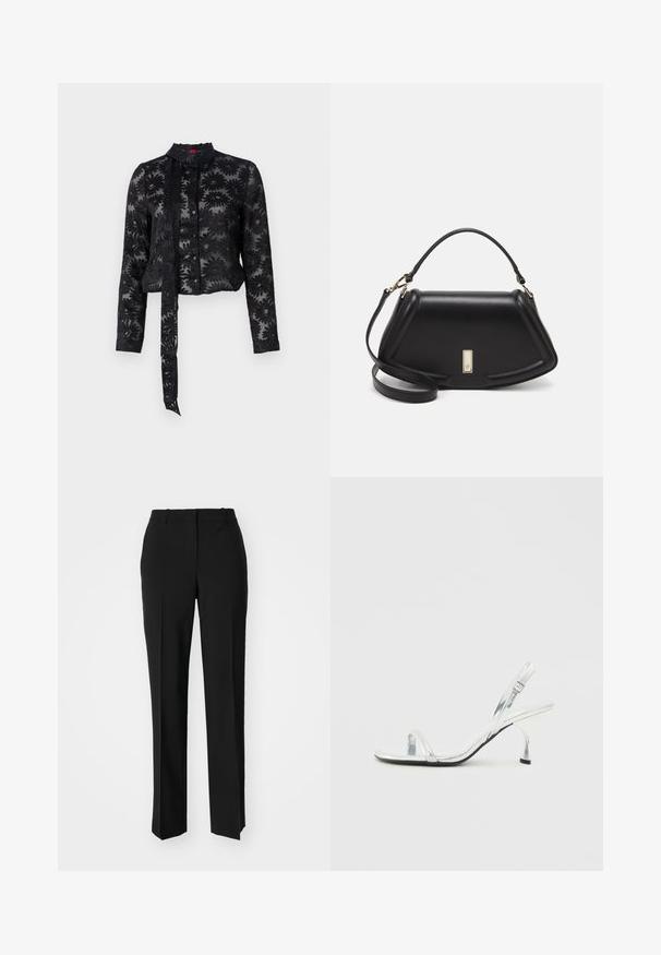 Sort gennemsigtig bluse med broderet blomsterdesign, lange ærmer, knaplukning foran og bindebånd ved halsudskæringen. Struktureret stof, cropped fit.; Sorte skræddersyede bukser med lige ben-design, der har en glat tekstur og skarpe folder langs fronten. Ingen synlige hardware.; Sølv patentlæder slingback højhælede sandal med en smal tårem, justerbar spænde og en slank hæl.; Sort læderhåndtaske med en struktureret design, der har en kortet form, tophåndtag og guld hardware-accenter. Justerbar skulderrem inkluderet.