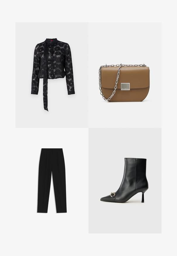 Schwarze transparente Bluse mit gesticktem Blumenmuster, langen Ärmeln, Knopfverschluss vorne und einer Bindeschließe am Ausschnitt. Texturierter Stoff, cropped Schnitt.; Schwarze Hose mit geradem Schnitt, doppelten Falten, einer glatten Textur und einem klassischen Bunddesign. Keine sichtbaren Beschläge oder Akzente.; Schwarze Leder-Stiefelette mit spitzer Zehe, schlankem, mittelhohem Absatz und silberner Schnalle seitlich vor einem schlichten Hintergrund.; Braune Leder-Crossbody-Tasche mit gewölbter Form, silberner Kettenriemen und quadratischem metallischem Verschlussdetail auf der Vorderseite.