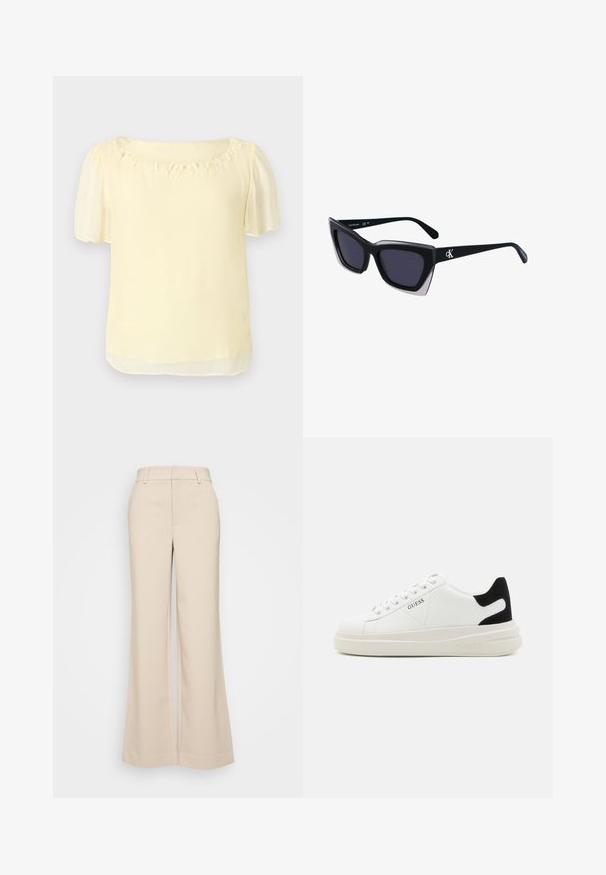 Helles gelbes Blusenshirt mit kurzen Puffärmeln, einem runden Ausschnitt, der mit floralem Schmuck verziert ist, und einer glatten, leichten Textur.; Beige weite Hosen mit glatter Textur, ausgestattet mit einem hohen Taillenbund und zwei vorderen Taschen. Schlichtes Design mit taillierter Passform.; Weiße Leder-Sneaker mit einer dicken weißen Sohle, schwarzem Wildlederakzent an der Ferse und geprägtem Logo an der Seite. Schnürdesign mit sechs Ösen.; Schwarze übergroße Sonnenbrille mit geometrischer Form, ausgestattet mit dunklen Gläsern und einem kontrastierenden grauen Detail im Rahmen. Logo am Bügel.