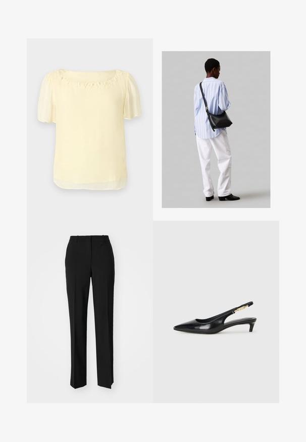 Blusa gialla chiara con maniche a sbuffo corte, scollo rotondo decorato con ornamenti floreali e una texture liscia e leggera.; Pantaloni neri su misura con un design a gamba dritta, caratterizzati da una texture liscia e pieghe ben definite sul davanti. Senza hardware visibile.; Tacchi slingback in pelle nera con punta affusolata, caratterizzati da un tacco alto e un accento dorato sulla cinghia regolabile. Texture liscia.; Borsa a tracolla in pelle nera con una texture morbida, forma triangolare e tracolla regolabile, abbinata a una camicia a righe blu chiaro e pantaloni bianchi.