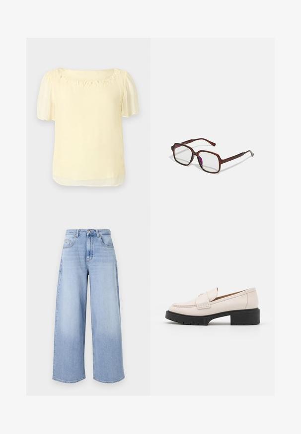 Light yellow blouse with short puff sleeves, a round neckline adorned with floral embellishments, and a smooth, lightweight texture.; Light blue wide-leg jeans made of denim. Features a high waist, five pockets, and a button closure. Raw edges at the hem.; Light beige leather loafers with a stitched front and a textured black platform heel. Features a curved design and a slight elevation.; Brown, rectangular eyeglasses with transparent lenses and purple tints. Smooth plastic frame with straight temples and subtle accents.; Silver hoop earrings with a smooth, polished finish. Round shape and secure click-top closure. Lightweight design suitable for everyday wear.