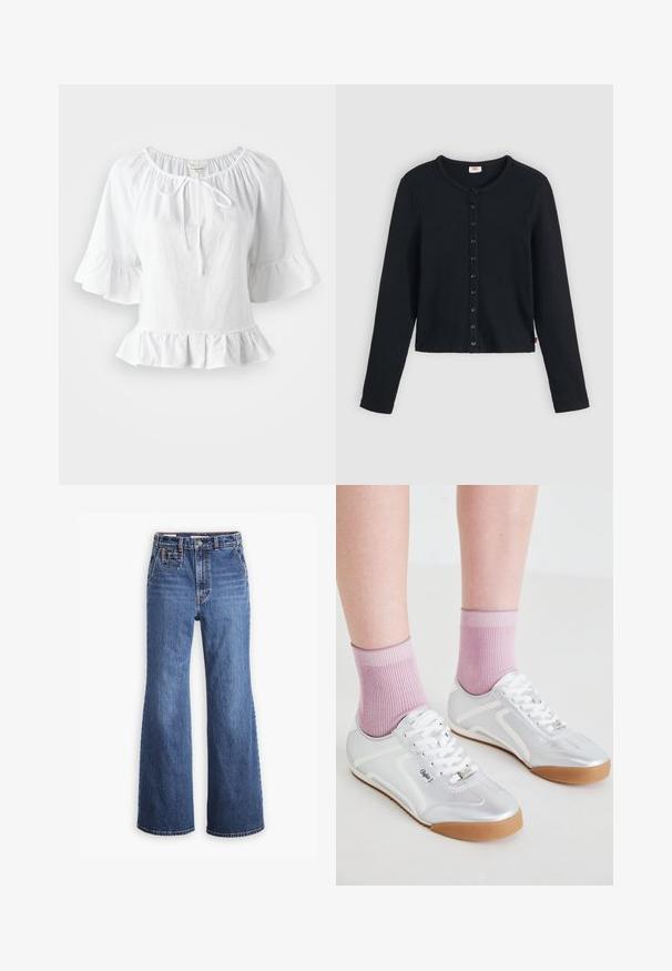 Blouse blanche à manches courtes avec un ourlet à volants et un col élastique, avec un détail à nouer à l'avant. Fabriquée en tissu léger.; Cardigan noir côtelé avec un col rond, manches longues et une rangée de six boutons sur le devant. Texture douce, longueur raccourcie.; Jean en denim bleu taille haute avec une coupe large, équipé d'une poche avant, d'une fermeture à bouton en laiton et de surpiqûres contrastantes.; Baskets sportives argentées avec des accents blancs et des semelles en caoutchouc caramel, associées à des chaussettes roses côtelées, mettant en avant un design basse.
