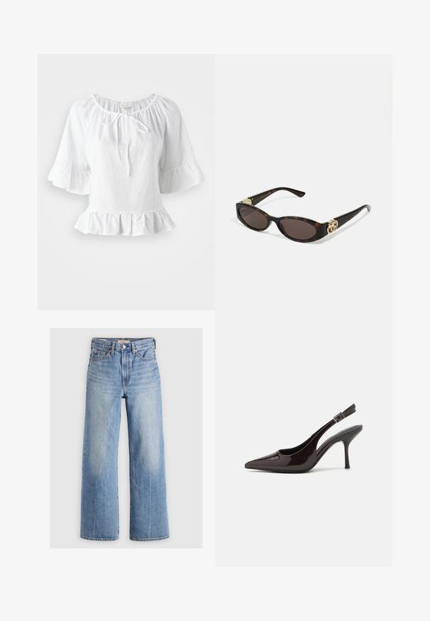 Hvid, kortærmet bluse med en flæse i kanten og elastisk halsudskæring, med en bånddetalje foran. Lavet af letvægtsstof.; Lys blå denim vid-leg jeans med høj talje, udvaskede områder, fem lommer og kontrastsyede detaljer. Klassisk knap- og lynlåslukning.; Slingback højhælet sko i glat mørkebrun patenteret læder, spids tå, åbne sider og justerbar ankelrem.; Skildpaddemønster solbriller med aflange ovale linser, brun farve, guldlogo accenter på stængerne og slanke sorte arme.; Bordeaux skuldertaske med en buet silhuet og en kort rem, med en guld lynlås og et diskret Calvin Klein logo på forsiden.