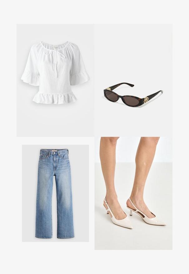 Blusa bianca a maniche corte con orlo arricciato e scollatura elasticizzata, dotata di un dettaglio a fiocco sul davanti. Realizzata in tessuto leggero.; Jeans in denim blu chiaro a gamba larga con vita alta, aree sbiadite, cinque tasche e cuciture a contrasto. Classico bottone e chiusura con zip.; Tacchi slingback in pelle lucida beige con punta affusolata e tacco di 5 cm, caratterizzati da lati traforati e una sottile fascia alla caviglia.; Occhiali da sole tartarugati con lenti ovali allungate, tonalità marrone, accenti dorati con logo sulle tempie e aste nere eleganti.; Borsa a tracolla beige con un motivo stampato, forma curvata, dettagli in pelle e un logo dorato sul davanti. Presenta una maniglia corta per un facile trasporto.