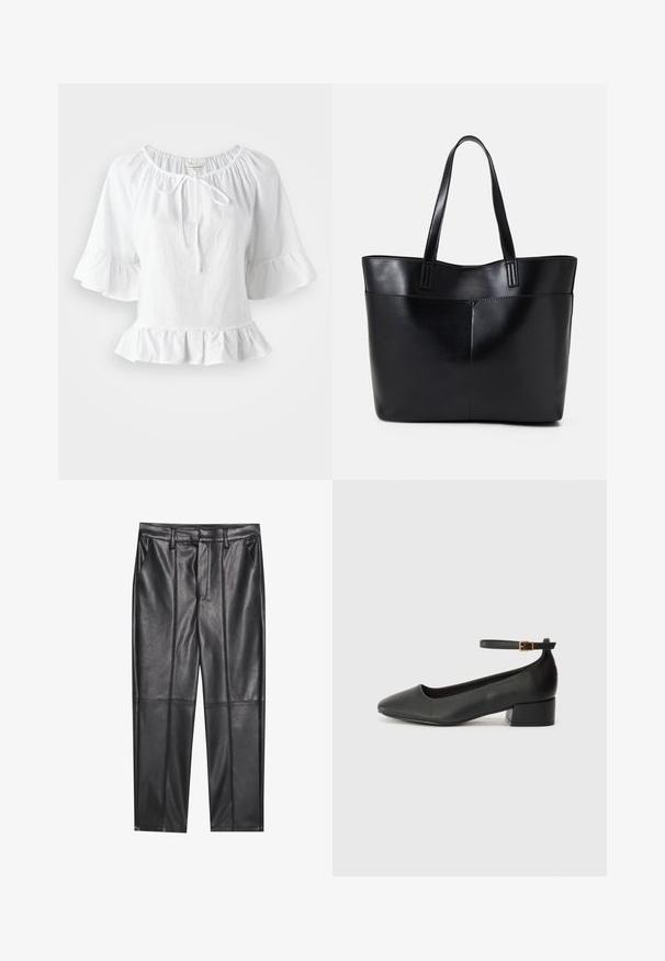 Blusa bianca a maniche corte con orlo arricciato e scollatura elasticizzata, dotata di un dettaglio a fiocco sul davanti. Realizzata in tessuto leggero.; Pantaloni in pelle nera con una texture liscia, caratterizzati da un fit dritto, due tasche frontali e dettagli delle cuciture in evidenza.; Pump in pelle nera con punta affusolata e tacco basso a blocco. Presenta una cinghia alla caviglia con una fibbia in tonalità oro. Texture liscia.; Borsa a tracolla in pelle nera con due manici lunghi, una texture liscia e una forma strutturata. Presenta una tasca frontale per ulteriore spazio di archiviazione.