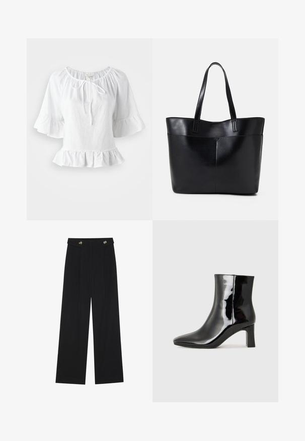 White, short-sleeve blouse with a ruffled hem and elasticized neckline, featuring a tie detail at the front. Made of lightweight fabric.; Black wide-leg trousers with high waist, button details on waistband, and front pleats.; Black patent leather ankle boot with a pointed toe and a mid-height block heel. Smooth texture and minimalist design.; Black leather tote bag with two long handles, a smooth texture, and a structured shape. Features a front pocket for additional storage.