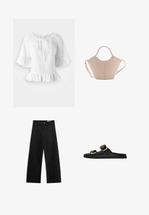 Witte blouse met korte mouwen, een ruches onderrand en een elastische halslijn, met een strikdetail aan de voorkant. Gemaakt van lichte stof.; Zwarte denim broek met wijde pijpen en een hoge taille, voorzien van voor- en achterzakken, gestikte naden en een knoopsluiting. Gladde textuur.; Zwarte slipper met twee gouden gesps, gladde textuur, platte zool en een minimalistisch ontwerp.; Beige leren handtas met een unieke vorm, voorzien van twee korte handvatten en een lange verstelbare schouderriem. Glad oppervlak met minimale hardware.