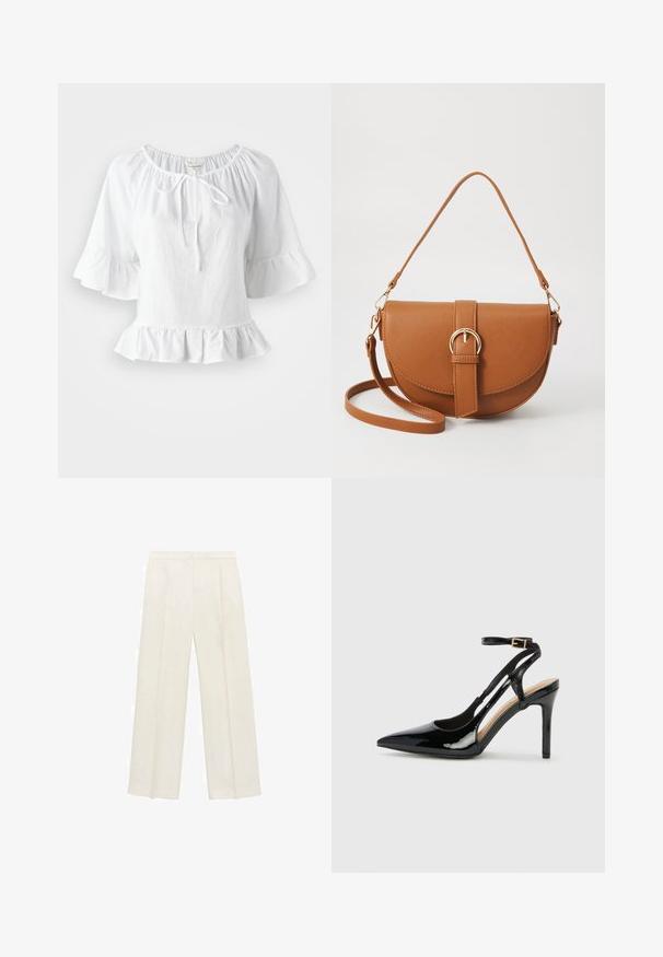 Bela, kratka majica s kratkimi rokavi z nabranim robom in elastičnim ovratnikom, ki ima spredaj zavezovanje. Narejena je iz lahkotnega materiala.; Hlače širokih nogavic v svetli kremni barvi. Narejene iz gladkega materiala s plitkimi naborki spredaj in stranskimi žepi.; Črne lakaste usnjene čevlje na visoki peti z odprtim petnim delom, usnjeni trak za prilagoditev okrog gležnja in z ozkimi stranskimi odprtinami. Gladka tekstura.; Rjava usnjena torbica prek telesa s ukrivljeno obliko, zlate opreme in sponko. Ima odstranljiv naramni trak.