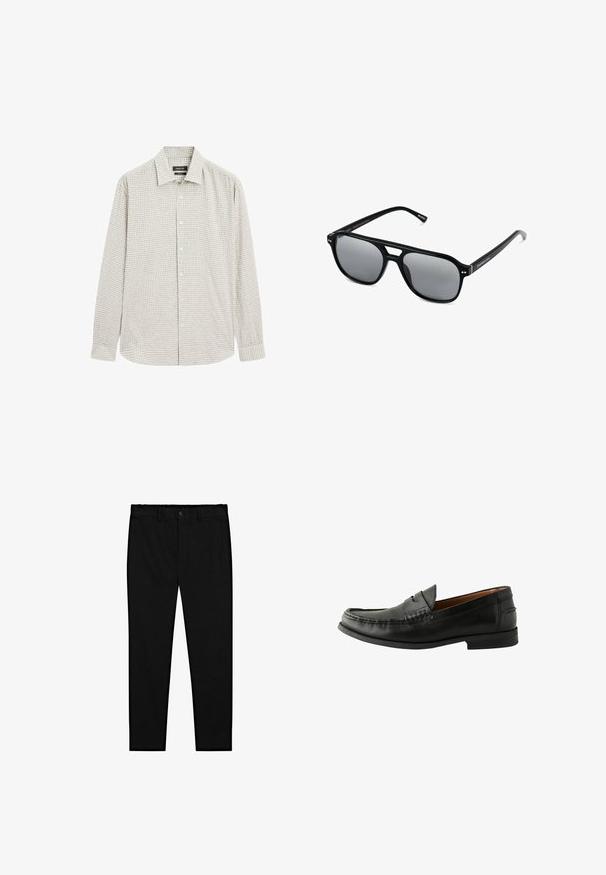 Lys grønternet skjorte med knaplukning, lavet af en bomuldsblanding. Har en klassisk krave og lange ærmer med en lige kant.; Hvide bomulds tanktoppe, ærmeløs design, rund hals, ensartet tekstur, med et blødt, let stof. To stykker vist.; Sorte skræddersyede bukser med knaplukning, bælteholdere og slim lige ben, præsenteret på en hvid baggrund.; Sorte læder loafers med en glat overflade, rund tå, håndsyede detaljer og en lav gummisål. Klassisk og alsidigt design.; Sorte solbriller med rektangulære rammer, gråt tonede linser og en broudskæring design. Slankt, glat plastmateriale med smalle stænger.