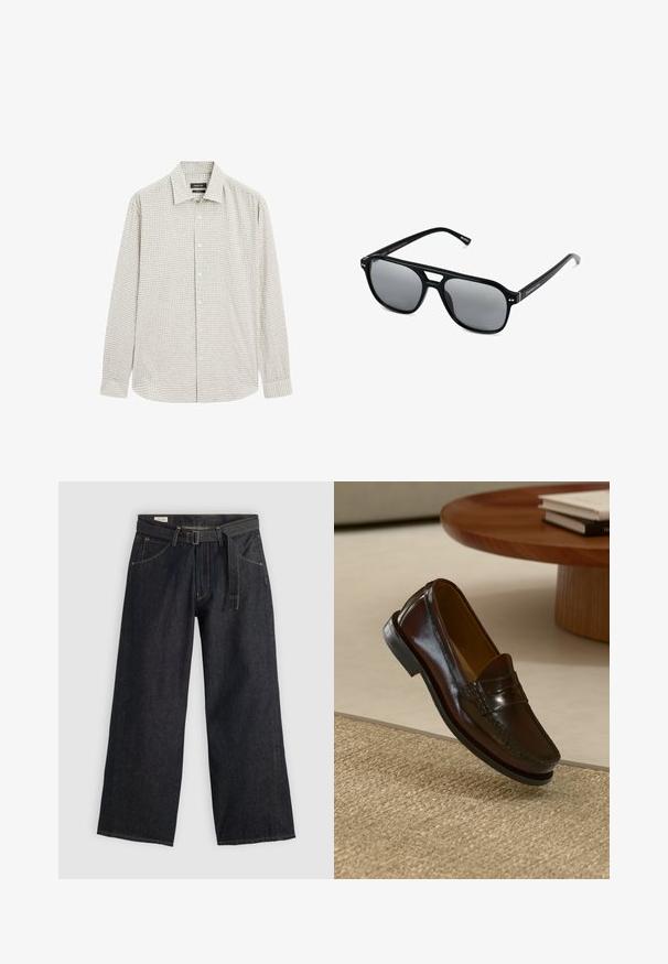 Overhemd met knopen in lichtgroen ruitpatroon, gemaakt van een katoenmix. Heeft een klassieke kraag en lange mouwen, met een rechte zoom.; Donker denim wijde broek met een gestrikt taille, voorzien van zijzakken en contrasterende stiksels. Gladde textuur met een strak ontwerp.; Bruine leren instappers met een glanzende afwerking, voorzien van een gestikt detail aan de voorkant en een low-profile zwarte rubberen zool.; Zwarte zonnebril met rechthoekige montuur, grijs getinte glazen en een uitgesneden ontwerp bij de neusbrug. Strak, glanzend kunststof materiaal met smalle veren.