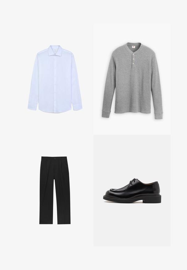 Weißes Langarm-Hemd mit normalem Schnitt, klassischem Kragen, knöpfbarem Frontbereich und knöpfbaren Manschetten, auf einem weißen Hintergrund präsentiert.; Graues Langarm-Henley-Shirt aus geripptem Stoff, mit einer Knopfleiste mit drei Knöpfen und einem runden Ausschnitt in leicht taillierter Form.; Schwarze Hose mit geradem Schnitt, aus einem glatten Stoff gefertigt. Verfügt über Vorderfalten und einen einzelnen Knopfverschluss an der Taille.; Schwarzer Lederschuh mit runder Zehenform, gesteppten Details, minimalen Schnürsenkeln und dicker Gummisohle für Traktion und Langlebigkeit.