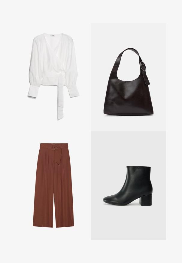 Weiße langärmlige Wickelbluse mit tiefem V-Ausschnitt, breiten Manschetten und einem Stoffbindegürtel in der Taille, flach auf einem weißen Hintergrund liegend.; Braune Weitbeinehosen aus Stoff, mit einem Gürtel mit eckiger Schnalle, gefältetem Design und glatter Textur.; Schwarze Leder-Ankle-Boots mit spitzem Zehenbereich und klobigem Absatz. Glatte Textur mit minimalen Akzenten und einem eleganten, taillierten Design.; Braune Lederumhängetasche mit glatter Textur, runder Form, breitem Tragegurt und metallischem, kreisförmigem Akzent am Griff.