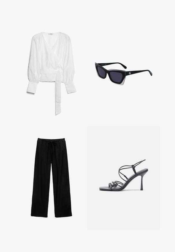 Blusa bianca a maniche lunghe con scollo a V profondo, polsini larghi e cintura in tessuto legata in vita, sdraiata su uno sfondo bianco.; Pantaloni neri a gamba larga realizzati in tessuto leggero, con elastico in vita e dettaglio con coulisse. Design semplice, senza fantasie né accessori.; Sandali neri con tacco alto presentano sottili cinturini con design annodato, una punta quadrata liscia e un elegante tacco a spillo.; Occhiali da sole oversize neri dalla forma geometrica, con lenti scure e un dettaglio grigio a contrasto sulla montatura. Logo sul braccio.; Borsa a mano metallica grigia chiara con tracolla a catena, impreziosita da piccoli chiodi metallici circolari e da un logo triangolare del marchio.; Orecchini a cerchio in argento con una finitura liscia e lucente. Forma arrotondata, design leggero, con chiusura a perno.