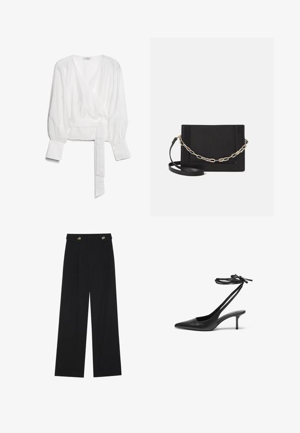 Weiße langärmlige Wickelbluse mit tiefem V-Ausschnitt, breiten Manschetten und einem Stoffbindegürtel in der Taille, flach auf einem weißen Hintergrund liegend.; Schwarze weite Hosen mit hoher Taille, Knopfdetails am Bund und vorderen Falten.; Schwarzer Leder-Stiletto mit spitzem Zehenbereich, offenem Fersenbereich und mit einer Schleife gebundenen Knöchelriemen. Schlanker 3-Zoll-Absatz. Glatte Textur, minimalistisches Design.; Schwarze Leder-Crossbody-Tasche mit glatter Textur, rechteckiger Form und metallic-kettendetail auf der Vorderseite. Verstellbarer Gurt inklusive.