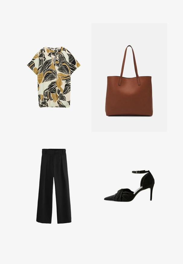 Blusa de manga corta con un patrón de hojas en negro, mostaza y azul claro sobre un fondo crema; tejido ligero con un corte holgado.; Pantalones anchos negros con una cintura alta, que presentan pliegues y una textura tejida suave. Hechos de una tela suave para mayor comodidad.; Zapato de tacón alto de ante negro con puntera afilada, detalle anudado en la parte frontal, correa en el tobillo y un delgado tacón tipo stiletto.; Bolso tote de cuero marrón con una textura suave, diseño de apertura superior y dos correas para el hombro. Presenta una costura mínima y sin herrajes visibles.