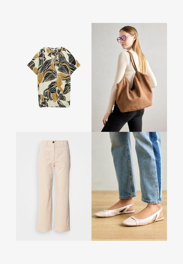 Blusa de manga corta con un patrón de hojas en negro, mostaza y azul claro sobre un fondo crema; tejido ligero con un corte holgado.; Pantalones de pana beige con piernas rectas, cierre de botón en la parte frontal y bolsillos laterales visibles sobre un fondo blanco.; Bailarinas de color rosa pálido con tiras traseras y punta puntiaguda, fabricadas con un material similar al cuero suave. Presentan detalles recortados en los laterales y un tacón plano.; Bolso de tote de ante marrón con textura suave, gran abertura y asas largas. Presenta un diseño sencillo con costuras visibles y sin herrajes.