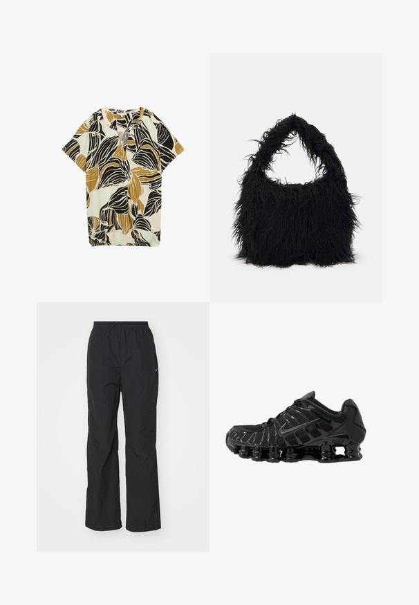 Kortærmet bluse med et bladmønster i sort, sennep og lysblå på en cremfarget baggrund; letvægtigt stof med en løs pasform.; Sorte, letvægtsbukser med elastisk talje og snøre. Har en tekstureret overflade og et lille reflekterende logo på siden.; Sort atletisk sko med mesh-overdel og glatte overlays. Har buet spiralbøsningsdæmpning og strukturerede linjer på siden. Nike-logoet er synligt.; Even&Odd Shopping bags - black