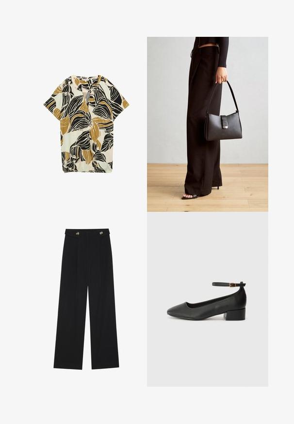 Īsām piedurkņu blūze ar lapu rakstu melnā, sinepju un gaiši zilos toņos uz krēmkrāsas fona; viegls audums ar brīvu piegriezumu.; Melnas platās bikses ar augstu jostasvietu, pogu detaļām uz jostas un priekšējām krokām.; Melnas ādas sūkņi ar smailu purngalu un zemu bloku papēdi. Iezīmēts ar potītes siksniņu ar zelta krāsas sprādzi. Gluda tekstūra.; Melnā somiņa ar strukturētu formu, gludu tekstūru un metālu sprādzi. Saskaņota ar platām melnām biksēm un sandālēm ar atvērtu purngalu uz koka grīdas.