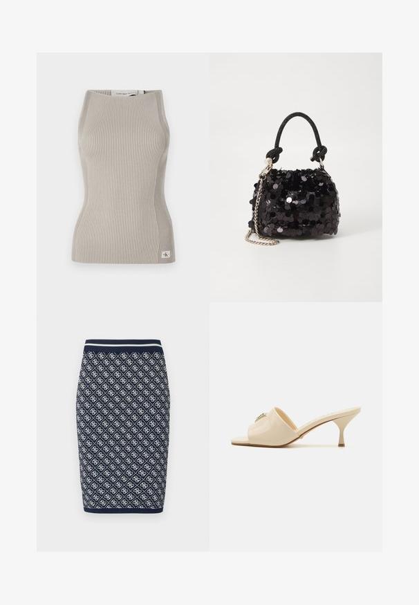 Hladké tílko v světlé béžové barvě, prostřední hmotnost látky, vysoký límec, těsně přiléhající střih, s malou značkovou štítkou na lemu.; Pletená tužková sukni v námořnické modré a bílé barvě s diamantovým geometrickým vzorem. Má pruhovaný elastický pas a hladkou texturu.; Krémové lakované kožené sandály typu mule s otvorenou špičkou a nízkým stiletto podpatkem. Obsahují centrální dekorativní prvek na svršku. Hladký, lesklý povrch.; Černá mini kabelka s flitry, s uzlovým texturovaným popruhem a stříbrným řetízkem. Zaoblený tvar s nařaseným vrchem a reflexními detaily.