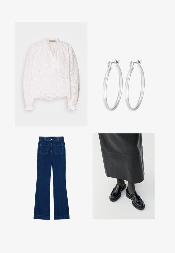 Vit blus med intrikat utskärningsmönster, knäppning framtill, rund halsringning och elastiska manschetter. Mjuk tygkvalitet, lös passform, scalloped nederkant.; Mörkblå jeans med utsvängd benform och en slät textur, fem fickor och knäppning i midjan.; Svarta läderloafers med en slät yta, prydda med en dekorativ rem, rund tå och texturerad sula. Bärs med en lång svart läderkjol.; Silverfärgade hoopörhängen med en slät, polerad yta. Rund form och säker klickstängning. Lättviktig design som passar för vardagligt bruk.