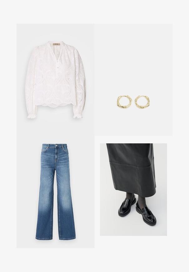 Balta palaidinė su įmantriais išpjovų raštais, sagstoma priekyje, apvaliu iškirpimu ir elastingomis rankovėmis. Minkšta medžiaga, laisvas kirpimas, banginis apvadas.; Šviesiai mėlynos deniminės plačios kojos džinsai su aukšta juosmeniu, turintys penkis kišenes, diržo kilputes ir švelnų blukimo efektą link apdailos.; Juodos odinės loafer bateliai su glotniu paviršiumi, dekoratyvine juostele, apvalia nosimi ir tekstūruotu padu. Dėvimi su ilga juoda odine sijonu.; Aukso žiedo auskarai su tekstūruotu, netaisyklingu paviršiumi. Yra be siūlių užsegimas ir poliruotas paviršius, akcentuojantis modernų dizainą.