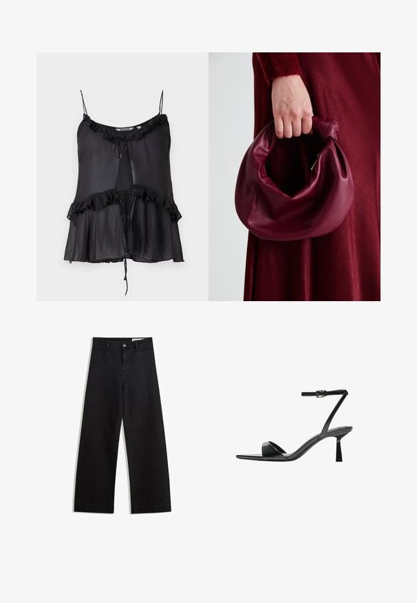 Fekete ujjatlan felső áttetsző anyagból, fodros nyakkivágással és hemvel, elöl húzózsinórral.; Fekete, bő szabású farmernadrág magas derékkal, elülső és hátsó zsebekkel, varrott felületekkel és gombos záródással. Sima textúra.; Bershka Magas sarkú szandálok - black; Burgundi bőrtáska puhán ráncolt dizájnnal és kerek alakban. A fogantyú rögzítve van, sima textúrával rendelkezik.