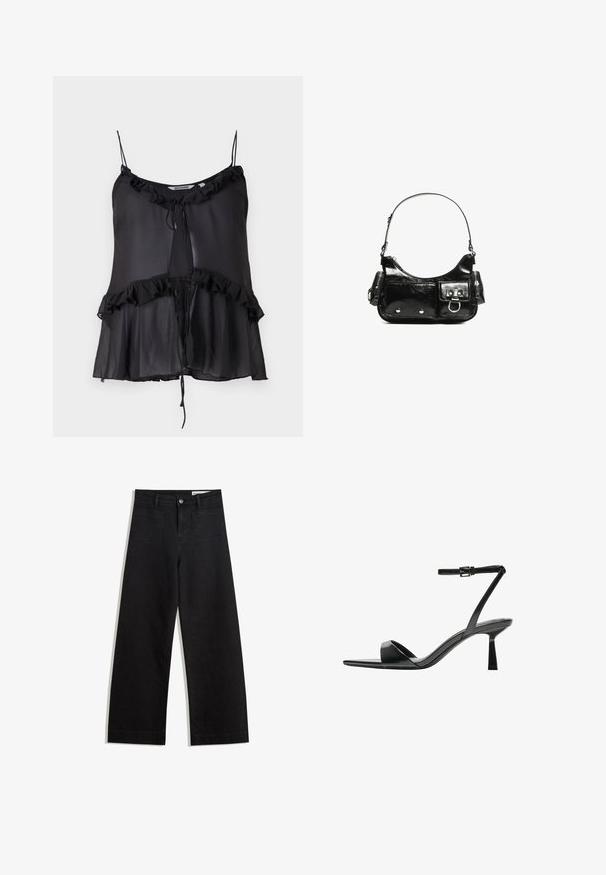 Top negru fără mâneci, realizat dintr-un material transparent, cu un decolteu și tiv volanat, având un detaliu cu sfoară în partea din față.; Pantaloni din denim negri cu picioare largi, cu talie înaltă, având buzunare frontale și posterioare, cusături dublate și închidere cu nasture. Textură netedă.; Bershka Sandale cu toc - black; Geantă de mână din piele lăcuită neagră, cu o formă curbată, un umăr, buzunare frontale și accente din metal argintiu.