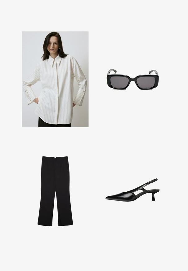Camicia a righe bianche realizzata in tessuto morbido, con colletto classico e polsini abbottonati con dettagli dorati. Vestibilità ampia con orlo dritto.; Pantaloni neri a gamba dritta, con tasche frontali e spacchi laterali all'orlo. Realizzati in tessuto morbido e liscio. Adatti a diverse occasioni.; Tacchi slingback in pelle verniciata nera con punta affusolata, design con tagli laterali e tacco quadrato piccolo. Texture liscia con dettagli minimi.; Occhiali da sole neri rettangolari con lenti scure, montatura in plastica liscia e tempie curve. Il design è voluminoso con un'estetica minimalista.