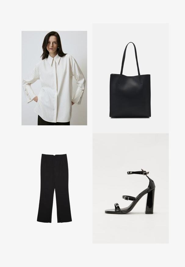 Bijela prugasta košulja od glatkog materijala, s klasičnom kragnom i dugmadi na rukavima s zlatnim akcentima. Labav kroj sa ravnim rubom.; Crne hlače ravnog kroja, s prednjim džepovima i bočnim prorezima na rubu. Izrađene od mekog i glatkog materijala. Pogodne za razne prigode.; Crne lakirane sandale na pete sa kvadratnim nosom, trakama oko gležnja i srebrnim kopčama. Imaju čvrst blok petu za stabilnost.; Crna kožna torba za nošenje s glatkom teksturom, pravokutnim oblikom i dvije duge ručke. Nema vidljivih metalnih dijelova ili ukrasa.