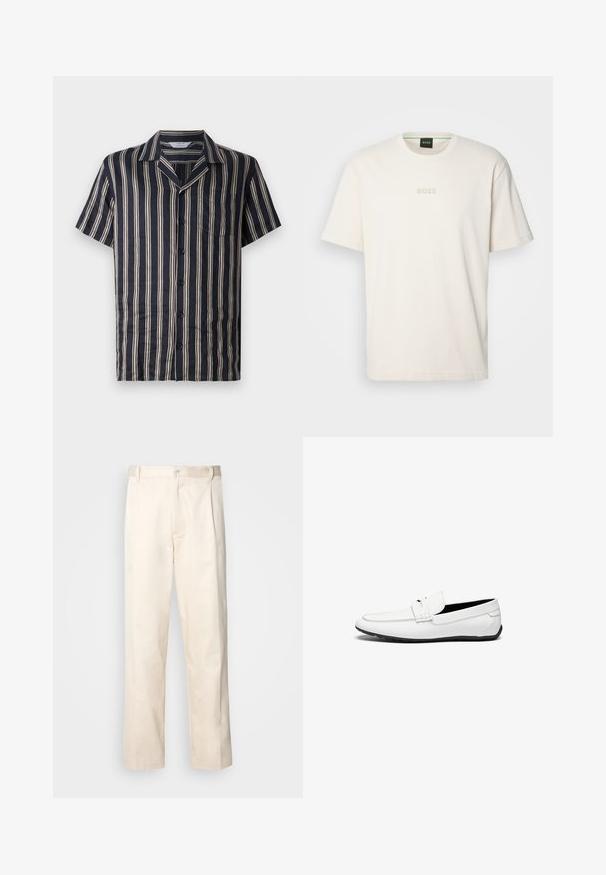 Navy short-sleeve shirt with vertical cream stripes, notch collar, front pocket, and button closure, made of lightweight, soft fabric.; BOSS TEE - Basic T-shirt - open white; Beige cotton trousers with a straight-leg cut, featuring a button closure and pleats at the front for added detail.; White leather loafers with a smooth finish, featuring a stitched accent, a rounded toe, and a black rubber sole for grip.