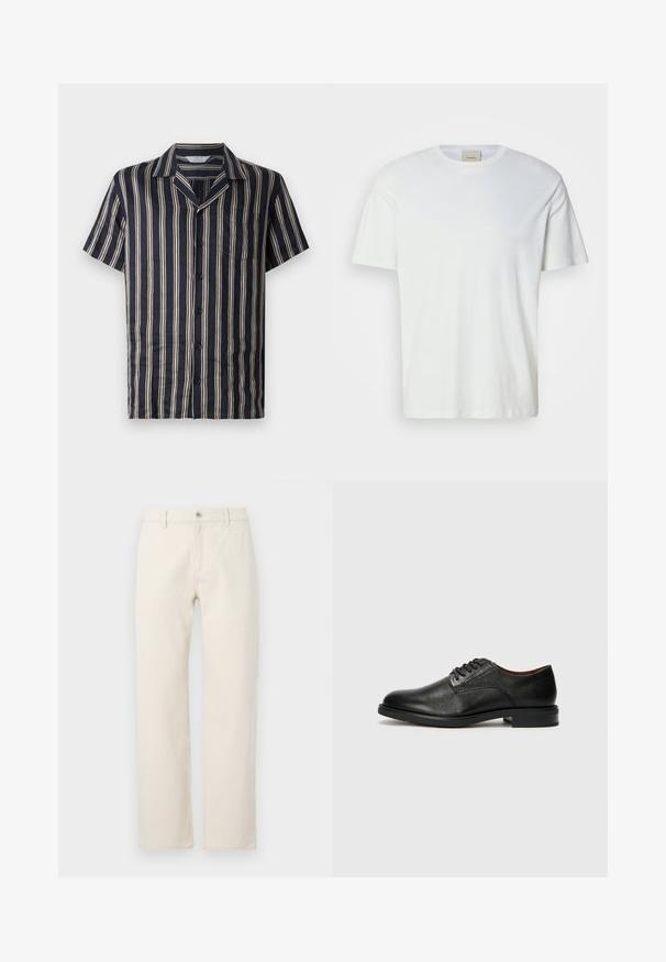 Tengeri rövidujjú ing függőleges krémcsíkokkal, kivágott gallérral, elülső zsebbel és gombos záródással, könnyű, puha anyagból készült.; Sima fehér, rövid ujjú, kerek nyakú póló, az élénk Calvin Klein címkével a gallér belső részén, semleges háttéren kiemelve.; Tejkrém színű egyenes szárú farmernadrág, pamutból készült, gombos záródással, övhurkokkal és sima, mintázat nélküli felülettel.; Tommy Hilfiger VOGUE LTH - Alkalmi fűzős cipők - black