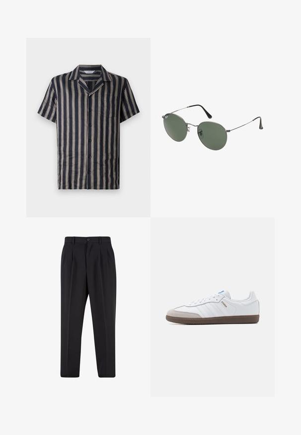 Mornarska kratka srajca s vertikalnimi kremastimi črtami, ovratnikom s poševnim rezom, sprednjim žepom in zapiranjem na gumb, izdelana iz lahkega, mehkega materiala.; Bela bombažna majica s kratkimi rokavi, okroglo izrezana in udobnega kroja. Gladka tekstura brez vidnih vzorcev ali dekoracij.; Črne hlače z nabranim sprednjim delom, narejene iz gladkega materiala. Imajo gumbasto zapiranje in zanke za pas; ravne hlačnice.; Bele usnjene teniske z sivim semškim robom, tremi horizontalnimi belimi črtami, modrim poudarkom in rjavim gumijastim podplatom. Teksturirane podrobnosti na podplatu.; Sončna očala z ovalnimi zelenimi lečami v kovinskem okvirju. Tanjši srebrni kovinski okvir in črne ušesne konice. Minimalistična zasnova, brez vidnih logotipov.